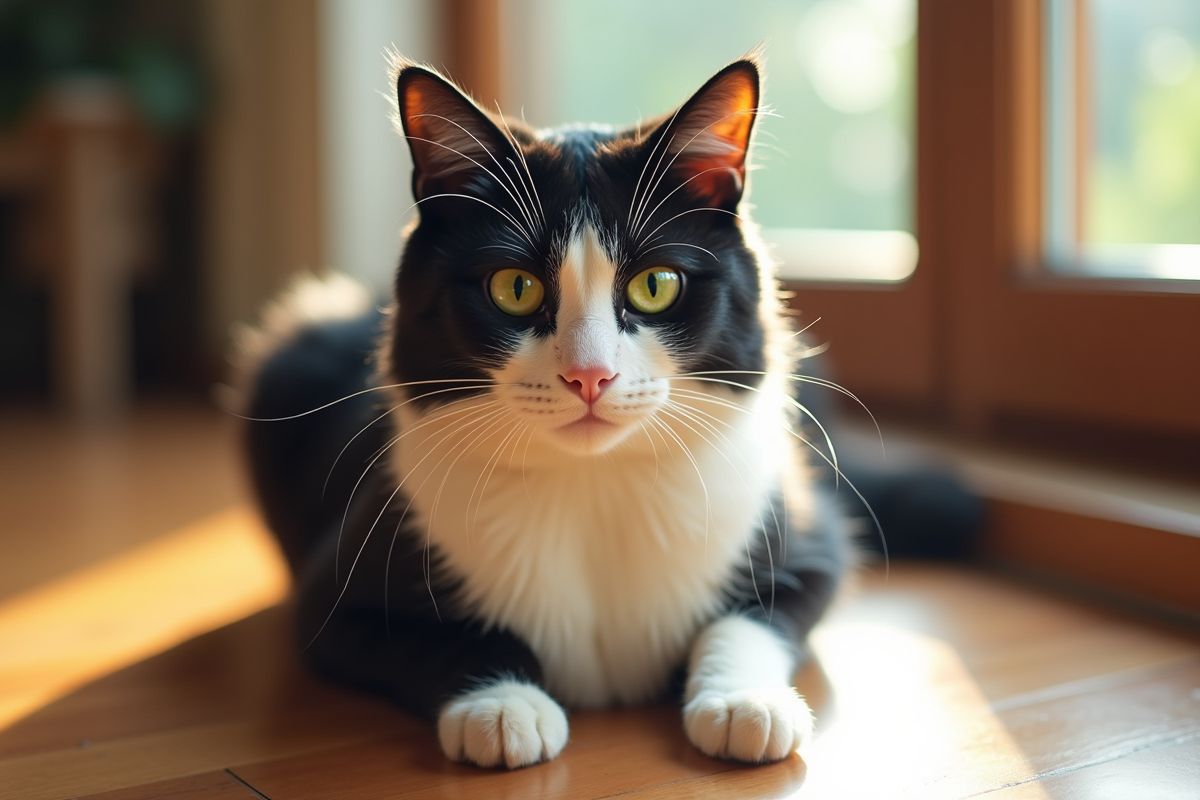 Chat noir et blanc aux yeux verts lumineux sur un sol en bois