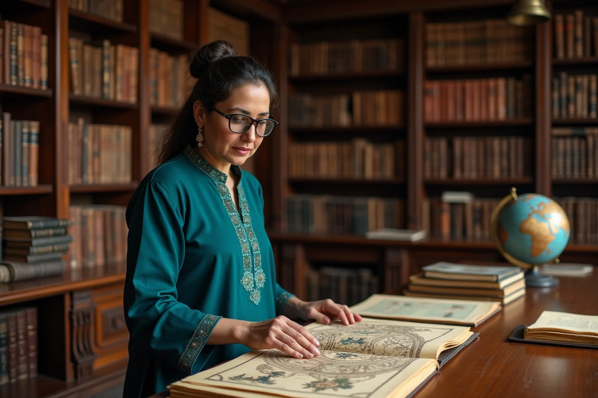 Chercheuse étudiant une carte ancienne de Shamballa dans une salle d'archives universitaire remplie de textes himalayiens