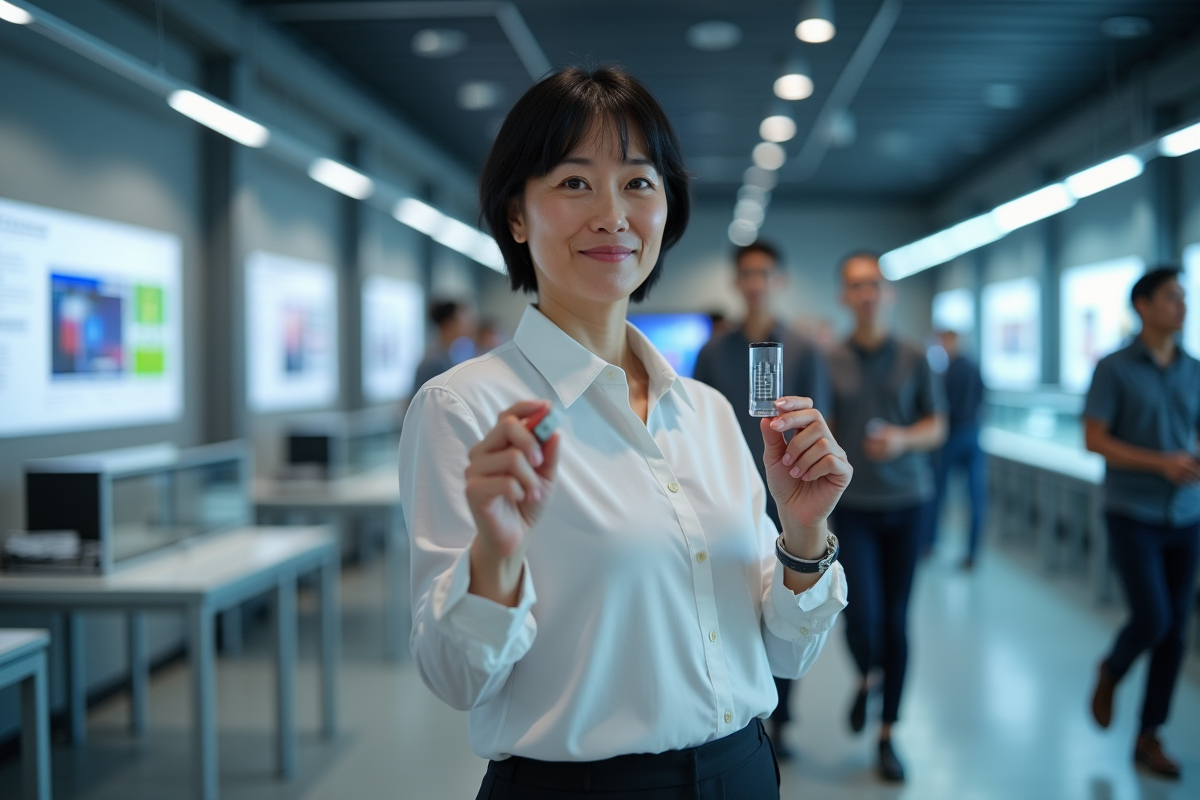 Chercheuse moderne montre une batterie lithium en exposition