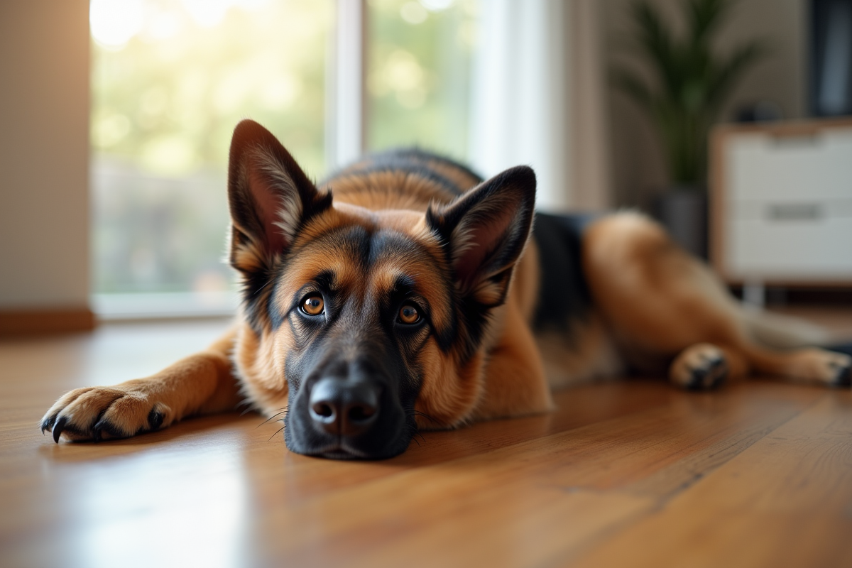 Chien croise berger allemand et Newfoundland en intérieur