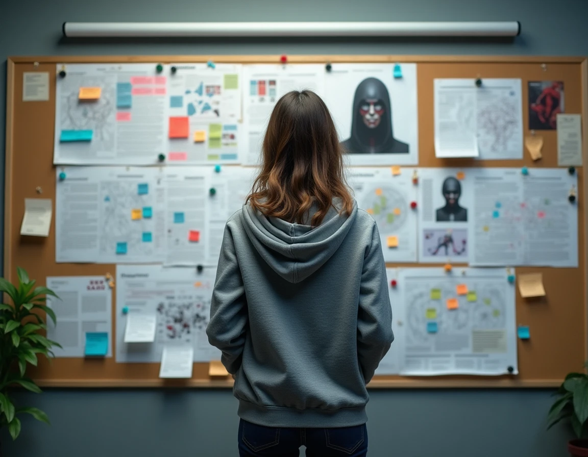 Graphiste devant un mur de recherche chronologique sur les combats entre Spider-Man et le Caméléon Marvel