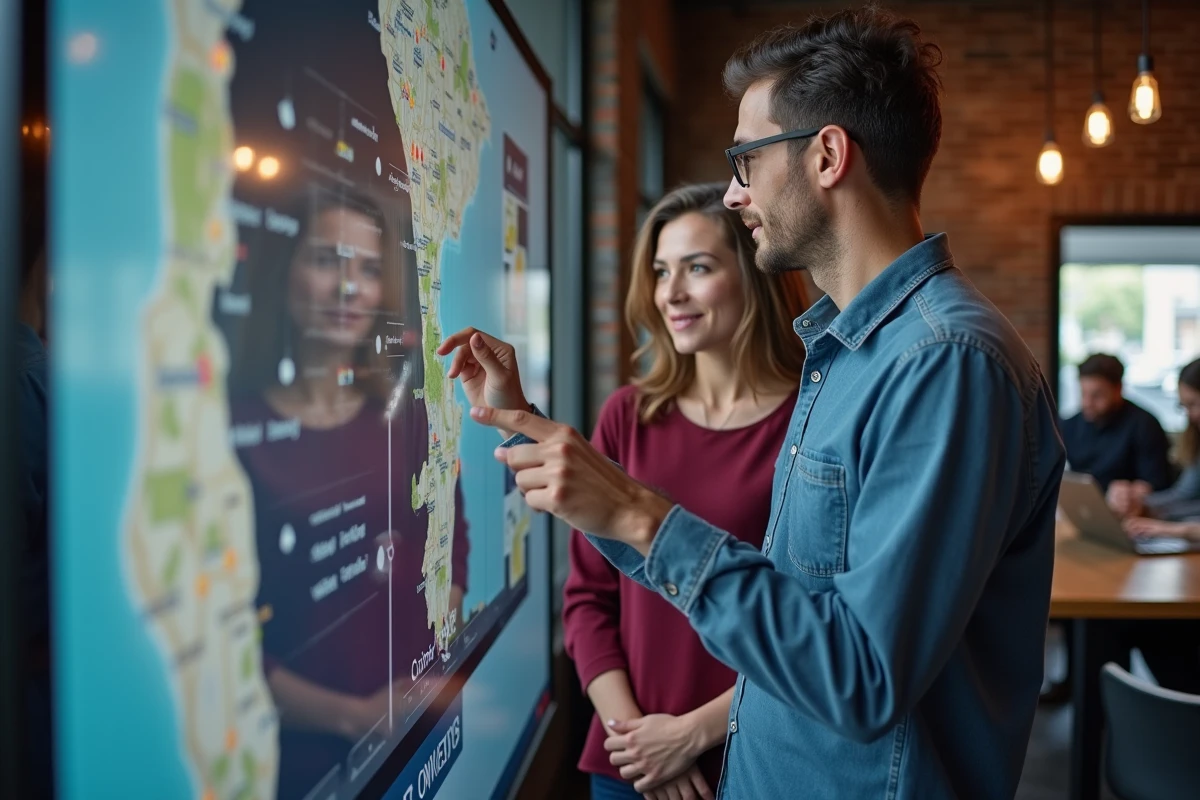 Deux professionnels collaborant devant un écran tactile affichant une carte interactive pour sélectionner et filtrer des villes idéales