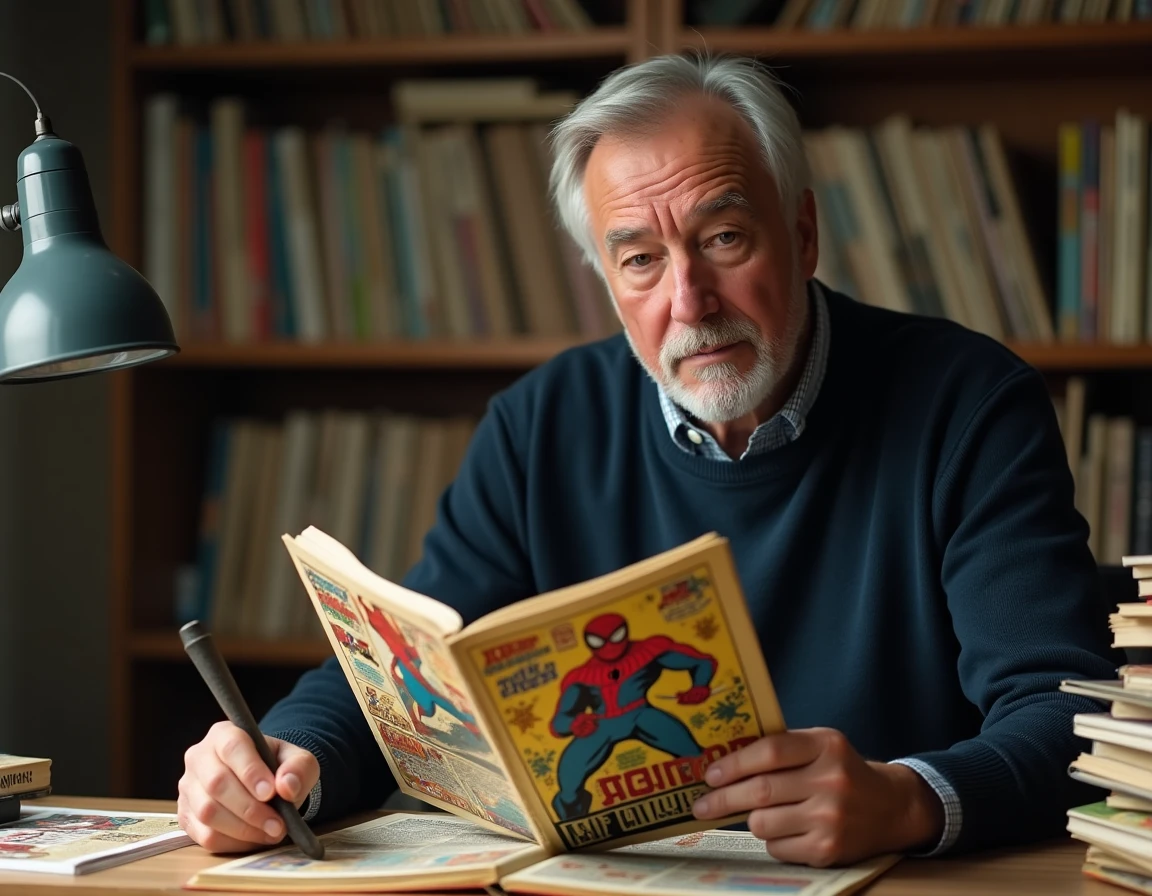 Collectionneur tenant un ancien comic book Spider-Man avec le Caméléon, détails vintage de la bande dessinée Marvel