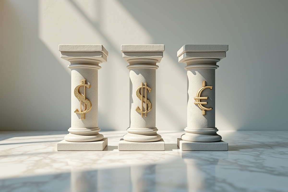 Colonnes en pierre gravées de symboles financiers sur surface en marbre