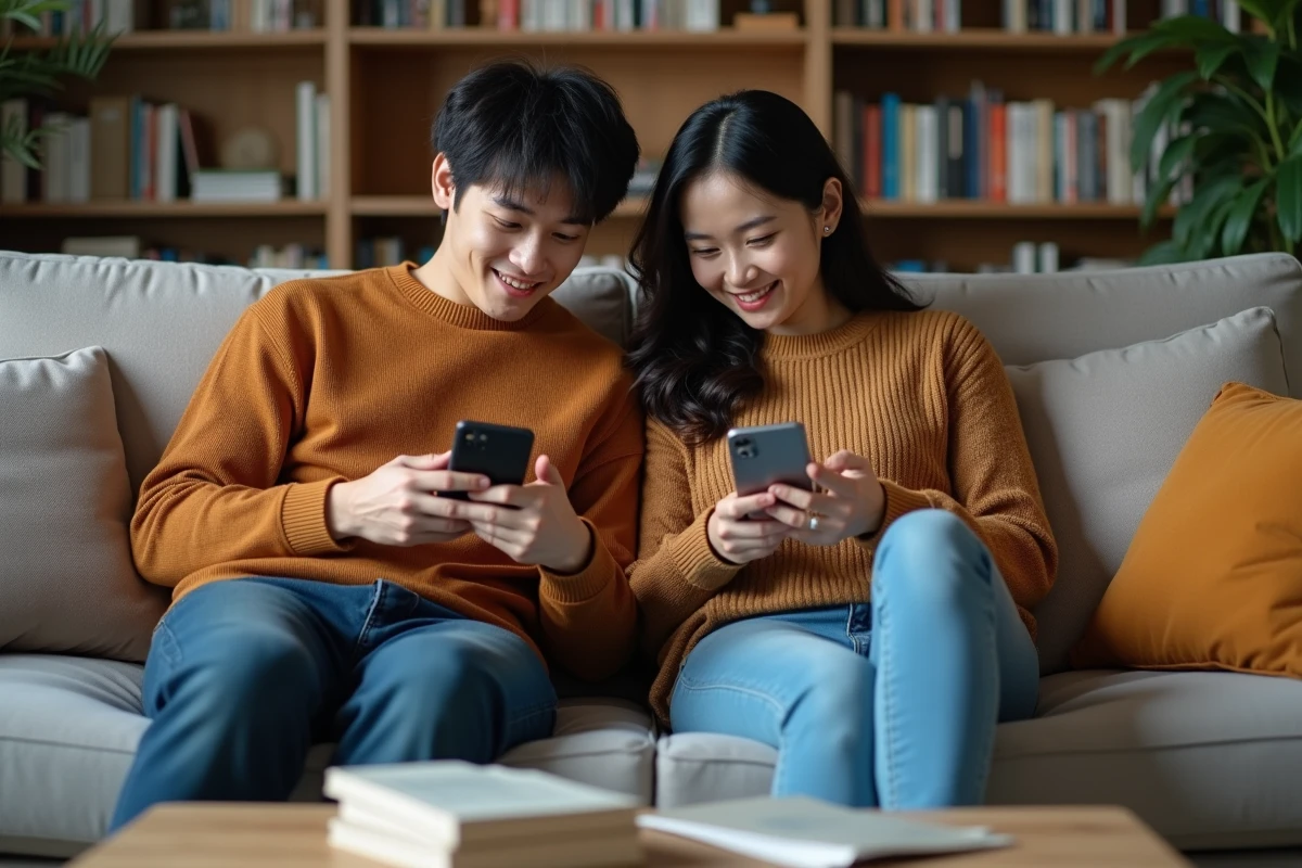 Deux jeunes adultes comparant des plateformes de lecture manga sur smartphone dans un salon décoré de volumes manga