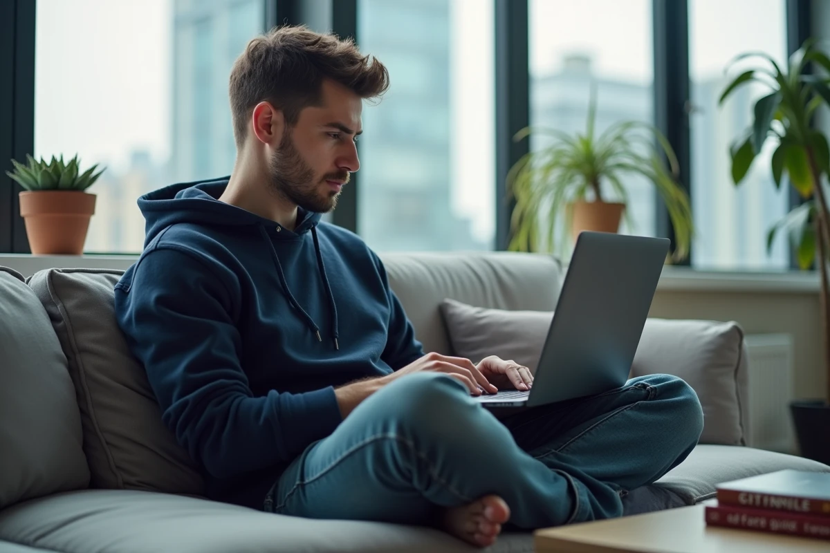 Jeune homme utilisant un laptop pour comparer des villes avec des filtres avancés sur une application de recherche de ville idéale