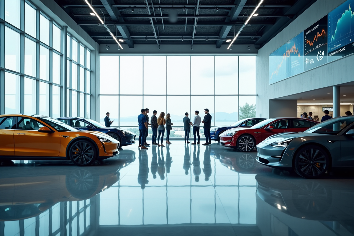 Showroom futuriste de voitures électriques avec clients et vendeurs