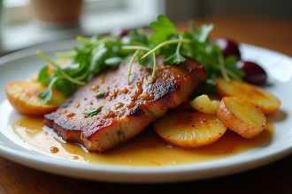 Assiette de confit de canard avec pommes de terre dorées et légumes verts
