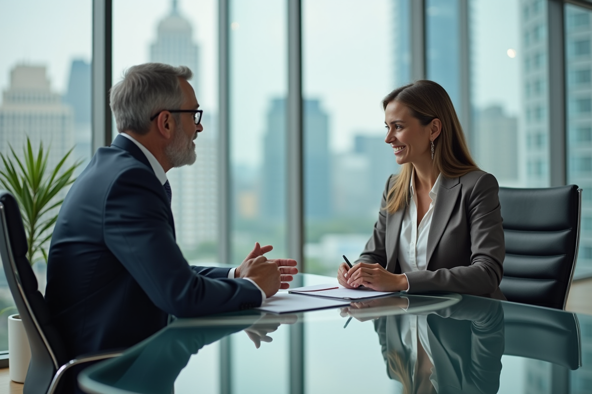 Conseiller bancaire discutant avec une cliente dans une banque moderne