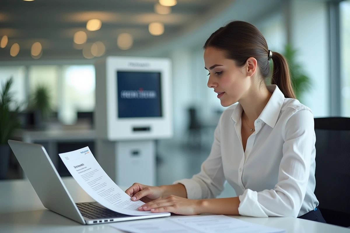 Assistante administrative consultant un contrat de location de borne Photomaton sur ordinateur portable au bureau