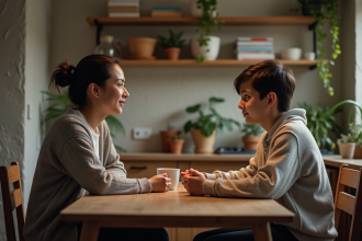 Femme et adolescent discutent dans la cuisine chaleureuse
