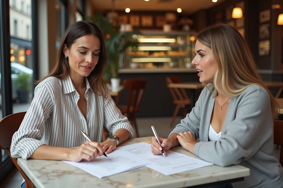 Deux femmes pratiquant le français ensemble dans un café parisien avec des fiches d'exercices sur les articles