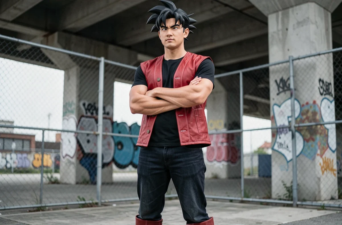 Cosplayer incarnant Android 17 de Dragon Ball Z en tenue fidèle, posant dans un décor urbain industriel avec une expression calme et déterminée