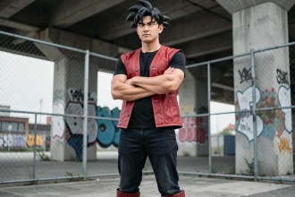 Cosplayer incarnant Android 17 de Dragon Ball Z en tenue fidèle, posant dans un décor urbain industriel avec une expression calme et déterminée