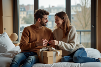 Jeune couple échangeant un cadeau dans une suite d'hôtel élégante