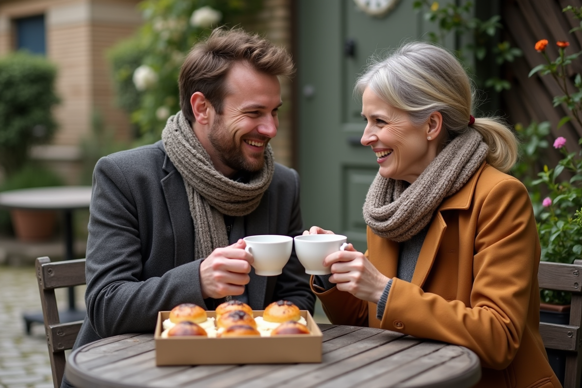 Couple partageant un petit déjeuner artisanal en extérieur