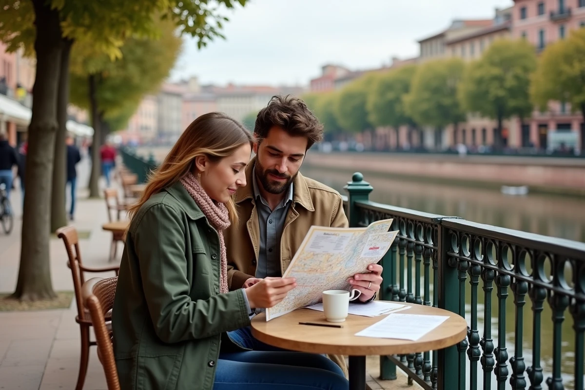 Couple étudiant des annonces immobilières en terrasse de café au bord de la Garonne à Toulouse