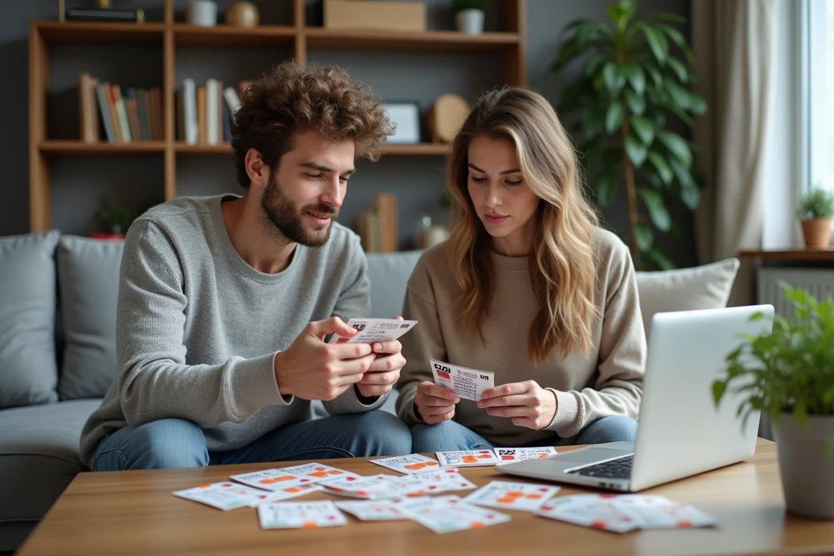 Couple comparant plusieurs tickets à gratter FDJ sur une table basse avec un ordinateur portable, planification des stratégies de mise pour 2026