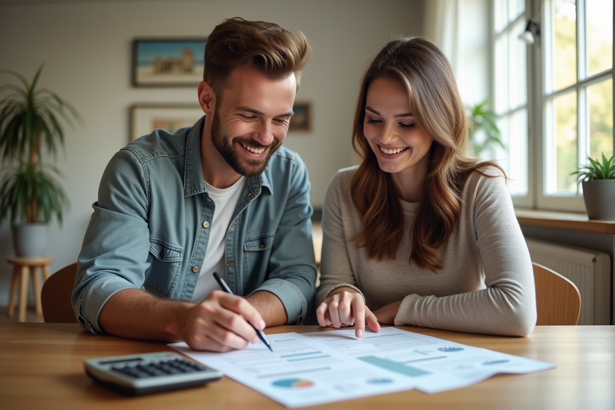 Jeune couple souriant examinant des documents de prêt immobilier