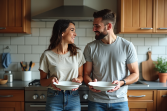 Couple en cuisine partageant un moment authentique