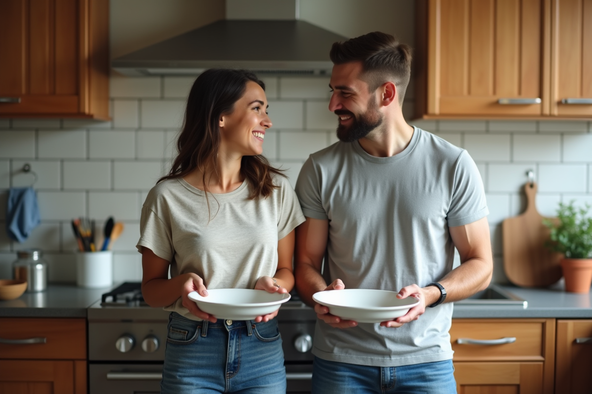 Couple en cuisine partageant un moment authentique