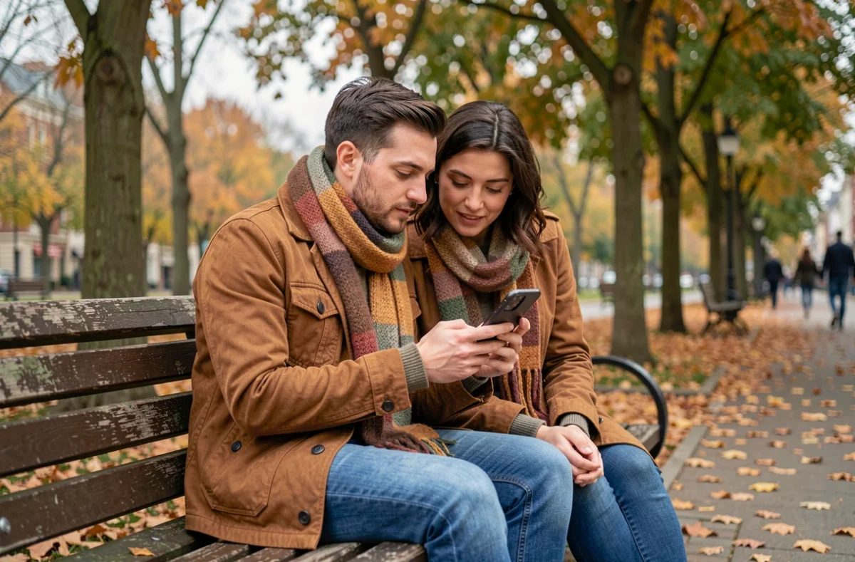 Couple regardant l'heure 16h16 sur un téléphone dans un parc en automne, illustrant la connexion amoureuse et les signes numériques