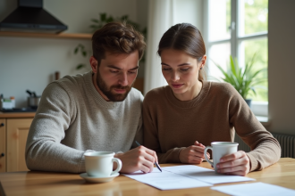 Jeune couple français lisant des papiers à la maison