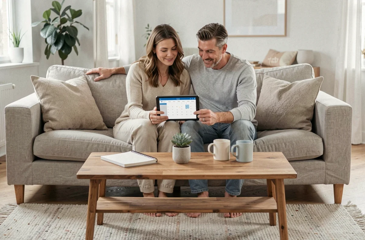 Couple planifiant l'organisation familiale ensemble sur une tablette numérique dans un salon scandinave