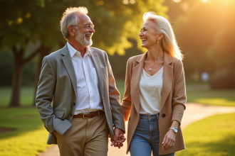 Couple mature riant dans un parc ensoleille avec verdure