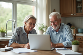 Couple senior souriant examinant documents financiers