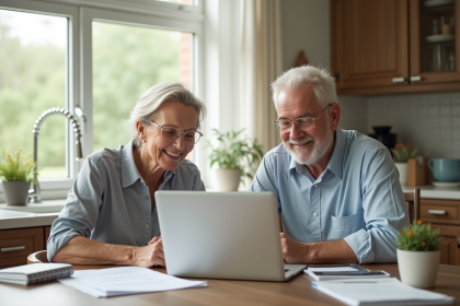 Couple senior souriant examinant documents financiers