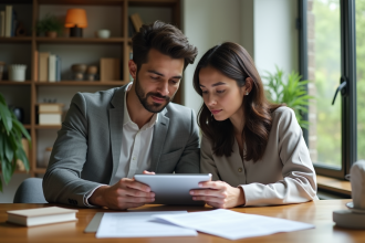 Jeune couple professionnel examinant des documents immobiliers