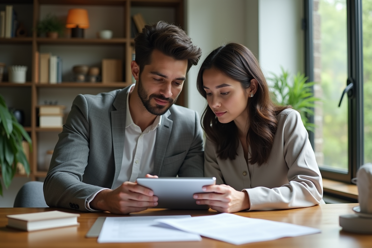 Jeune couple professionnel examinant des documents immobiliers