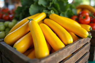 Courgettes jaunes fraîchement récoltées dans un panier en bois