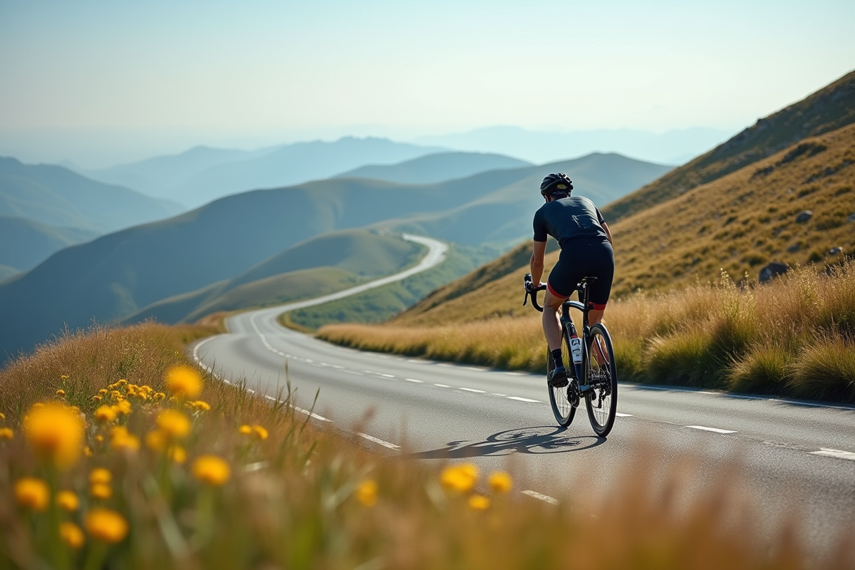 Cycliste professionnel sprintant en montée sur le plateau de Beille