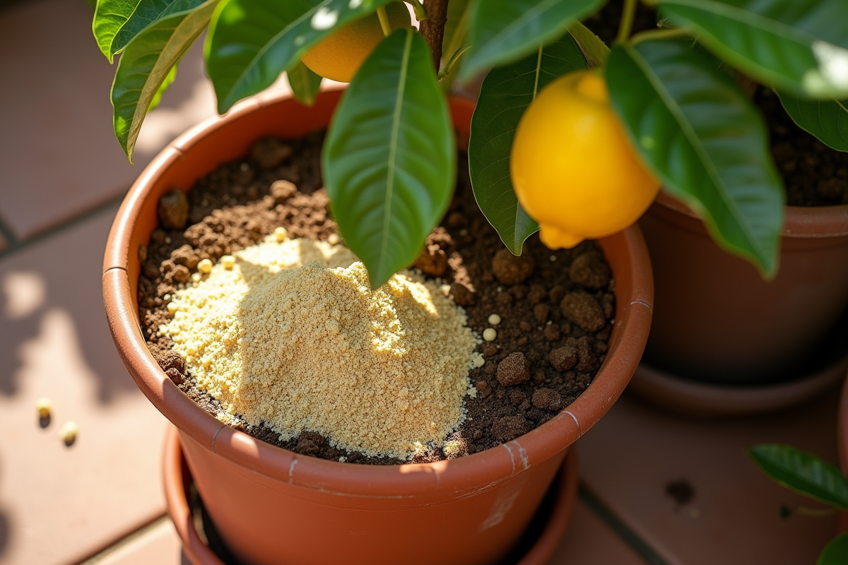 Zoom sur engrais réparti autour d un citronnier en pot