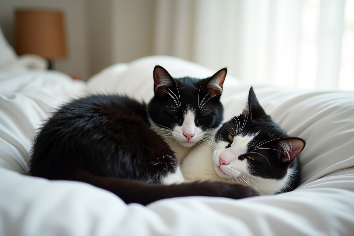 Deux chats noirs et blancs endormis sur une couverture blanche