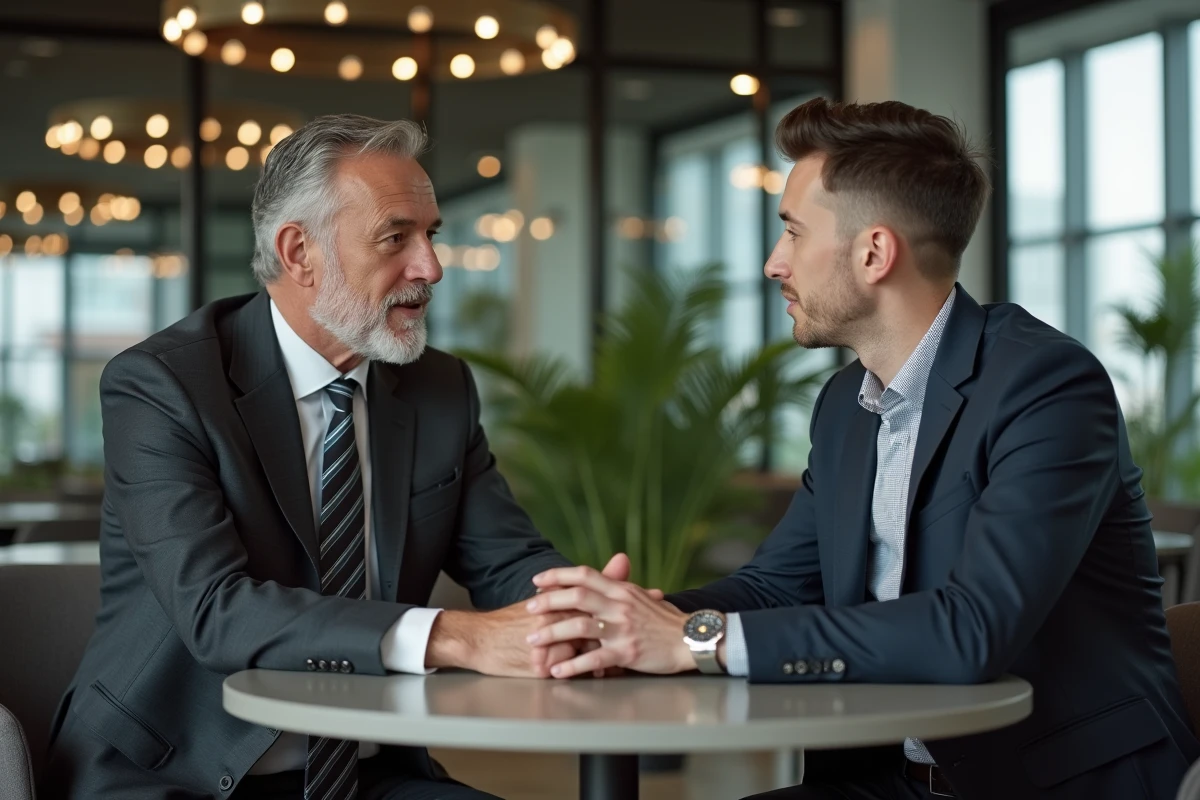 Homme en costume discutant avec un collègue dans un espace café