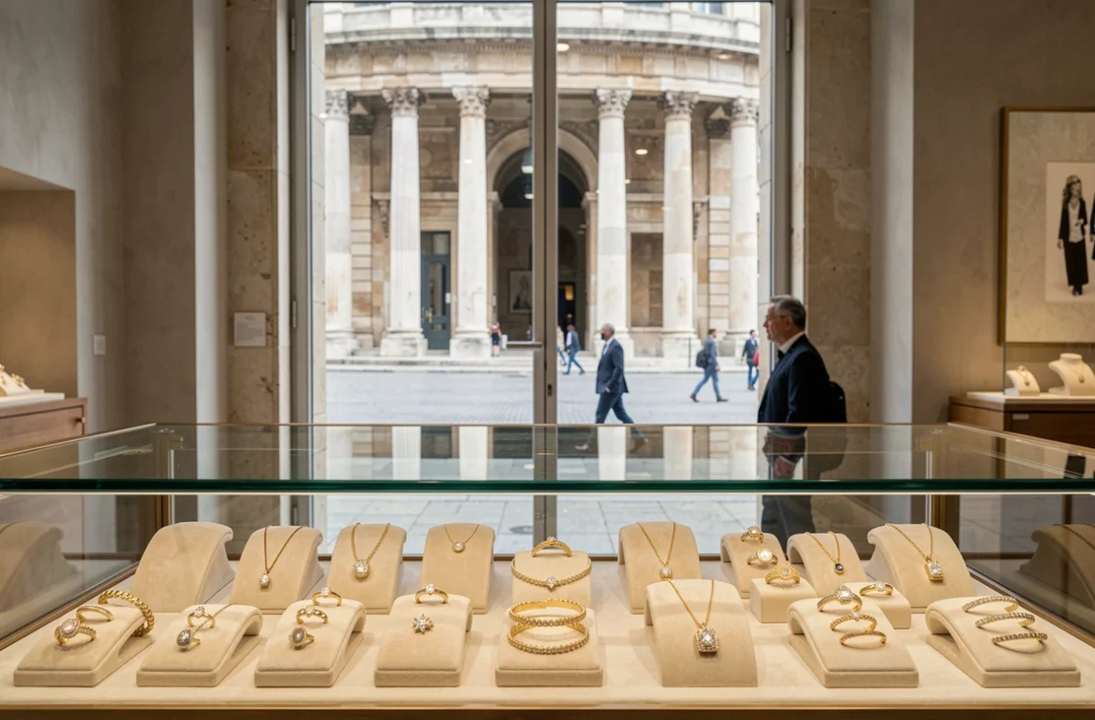 Intérieur de Doux Joaillier à Nîmes avec vue sur la Maison Carrée et vitrines de bijoux en or