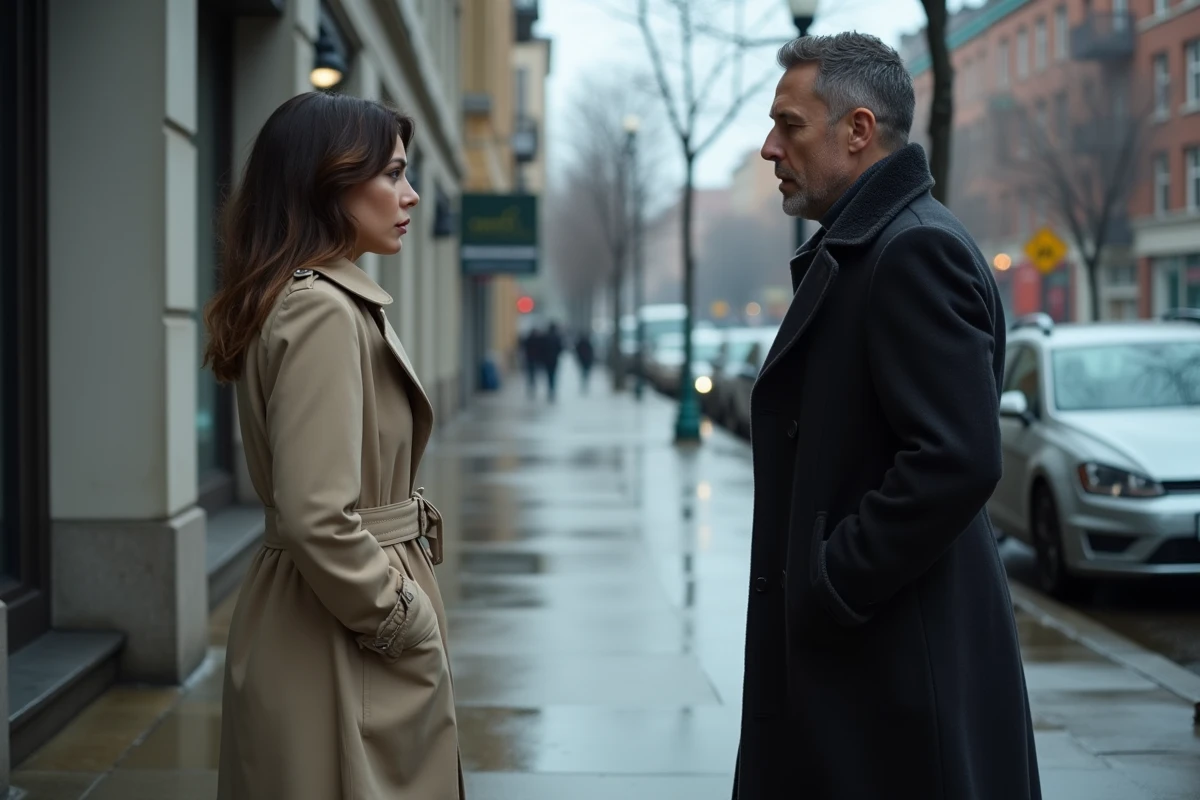 Deux personnages en tension sur un trottoir mouillé devant un immeuble urbain, symbolisant un conflit familial