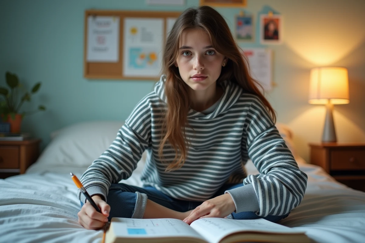 Adolescente révisant la conjugaison du verbe envoyer dans un cahier avec un manuel de grammaire française