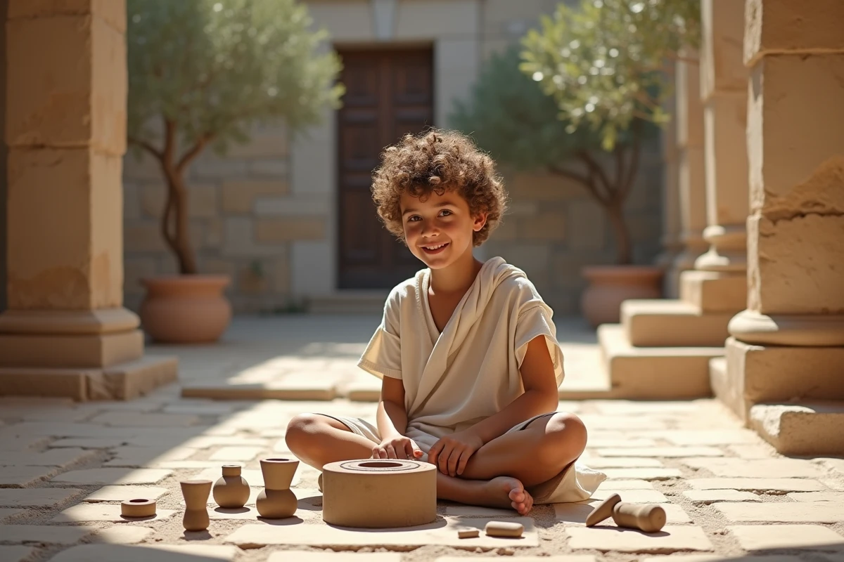 Jeune garçon en tenue grecque antique explorant des outils de forge miniatures dans une cour en pierre, illustration d'Héphaïstos pour enfants