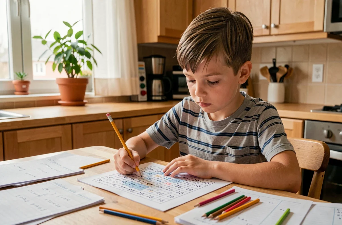 Enfant de 10 ans concentré sur une grille de jeu Yakazu chiffres à une table de cuisine en bois