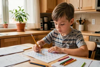 Enfant de 10 ans concentré sur une grille de jeu Yakazu chiffres à une table de cuisine en bois
