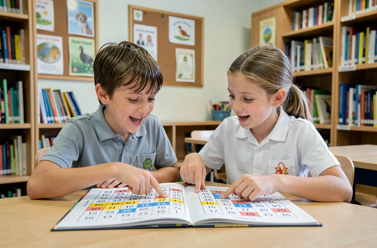 Deux enfants collaborant sur un cahier de jeux Yakazu chiffres dans une bibliothèque scolaire