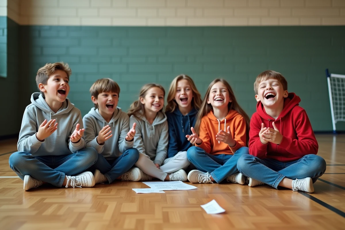 Groupe d'enfants joyeux assis sur le sol d'un gymnase scolaire récitant ensemble des variantes rigolotes de La maison de ma tante