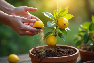 Personne appliquant engrais organique sur un citronnier en pot