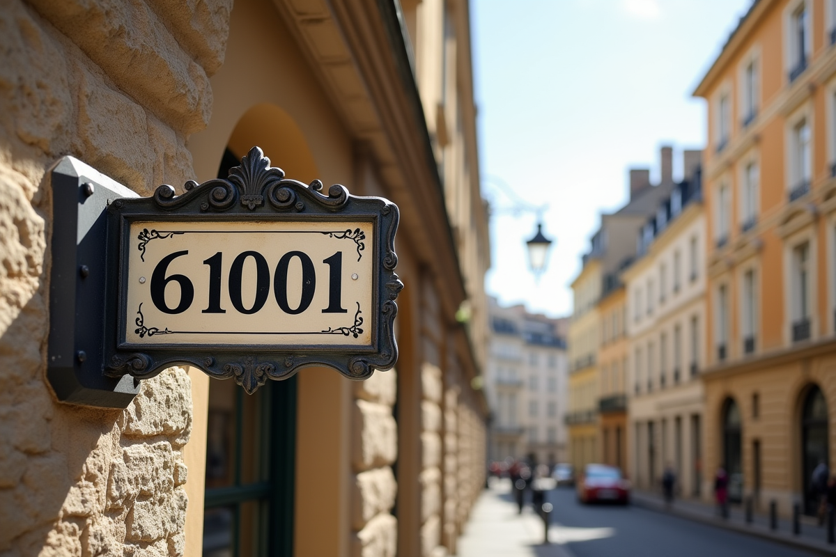 Panneau de rue français ancien dans Lyon avec architecture élégante
