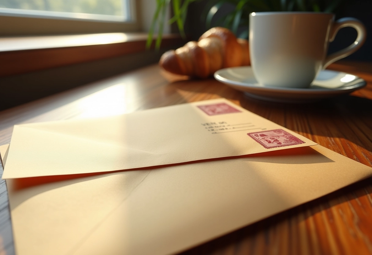 Enveloppe avec timbre lyonnais sur table avec croissant et café