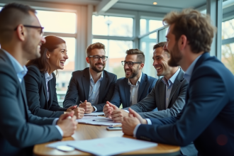 Groupe divers d'employes SNCF souriants dans un espace moderne